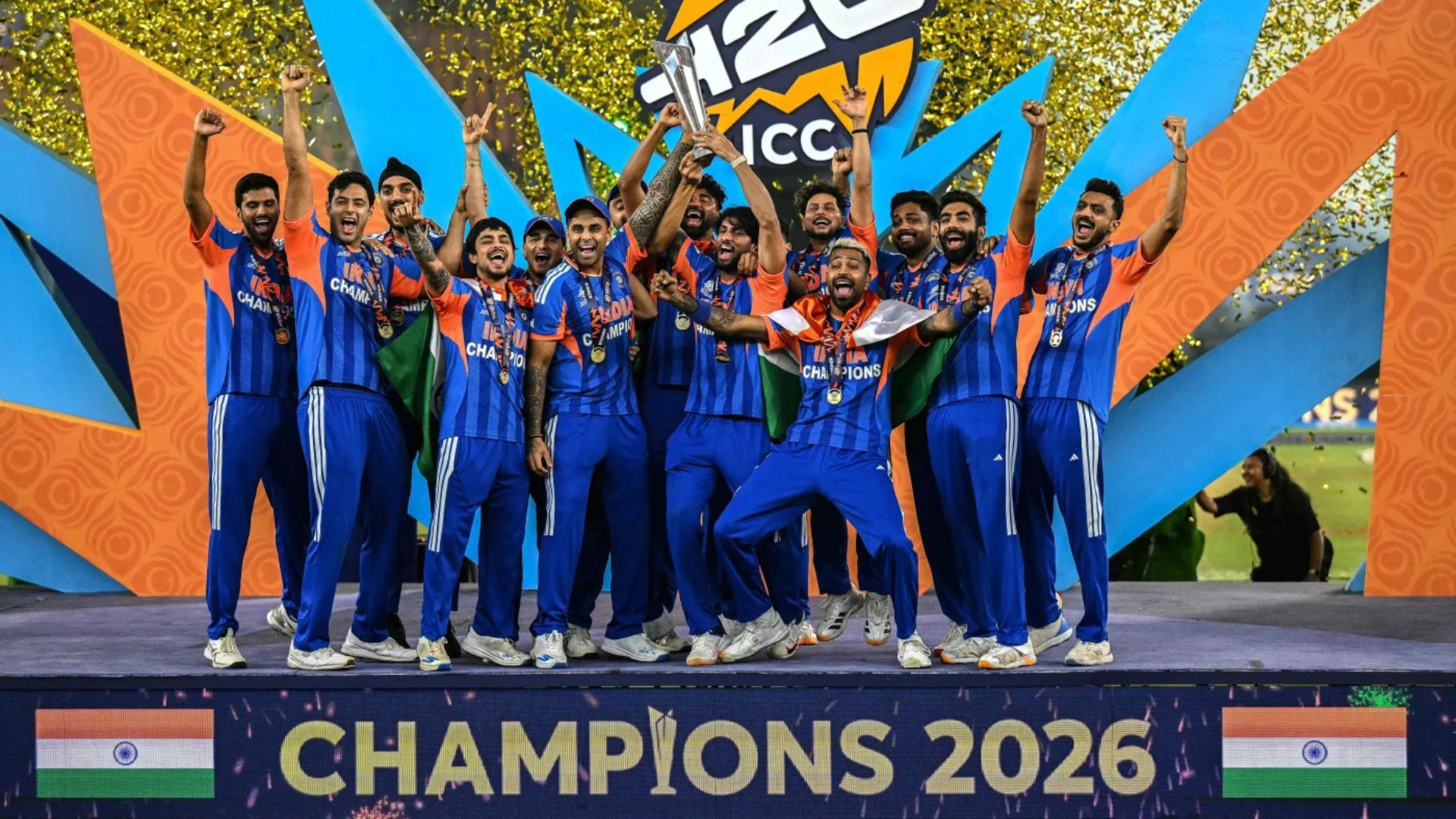 India national cricket team celebrating victory after winning the ICC Men's T20 World Cup 2026 final against New Zealand at Narendra Modi Stadium