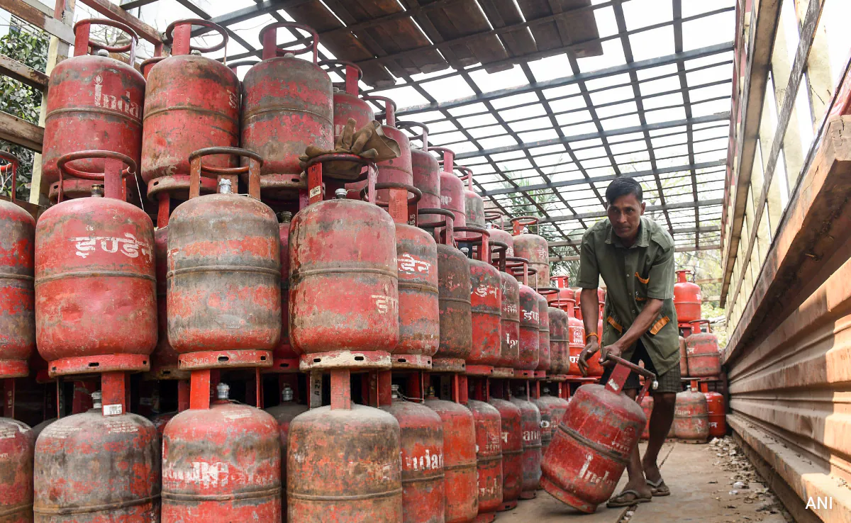 LPG gas cylinders stacked at distributor warehouse Bangalore